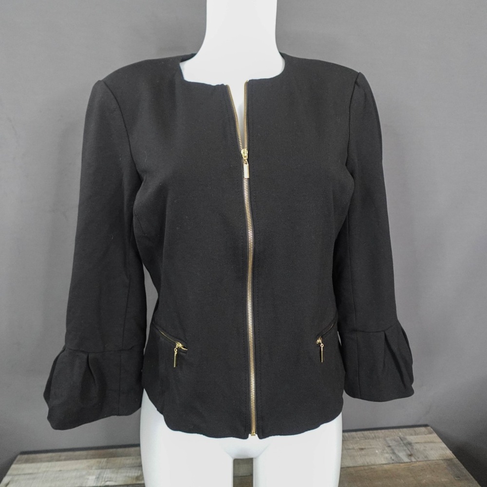 Roz Ali Womens Blazer Medium Black Bell Sleeve Zip Heavy Ponte Knit Corp Career
